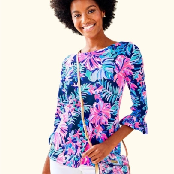 Lilly Pulitzer Waverly Ruffle Multi Garden Get Away Navy Pink Casual Blouse Top - Picture 1 of 6